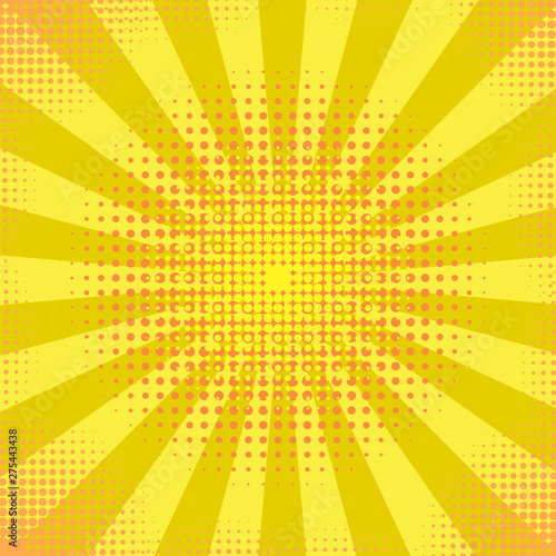 Yellow Retro Vintage Halftone Style Background with Sun Rays. Pop Art Desin Texture. Star Explosion Template.