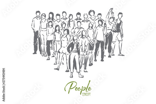 College students, high school pupils, boys and girls posing for group photo, teenagers standing together