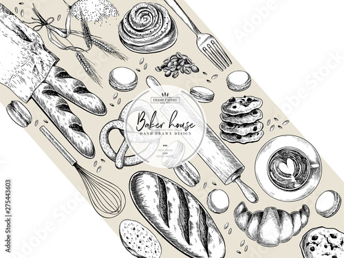 Bakery set. Hand drawn bread, loaf, croissant, pretzel, macaron, pie, baguette. Wheatl flour pastry. Vector engraved banner. For restaurant and cafe menu, baker shop pasty sweets Design template.