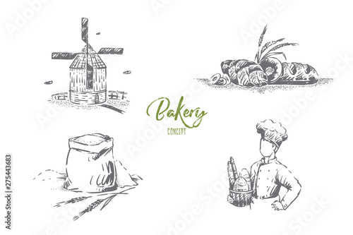 Baker profession, natural bread products, windmill, tasty baking, long loaf, sweet bun and wheat spike, bakery banner