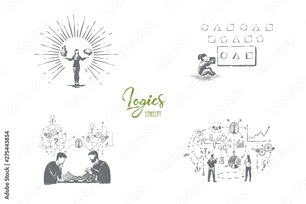Smart woman holding brain and heart, child solving puzzle, men playing chess, system analysis, logic banner Smart woman holding brain and heart, child solving puzzle, men playing chess, system analysis, logic banner