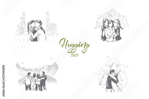 Mother and daughter, girlfriends, people on hiking trip and young couple hugging, friendship banner © drawlab19