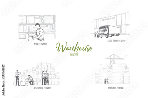 Worker scanning box, cargo transportation, warehouse preparing, container terminal, industrial service banner