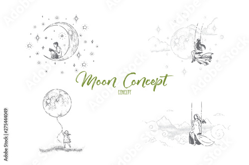 Boy sitting on crescent with book, young women on swings, little girl holding huge moon balloon, imagination banner