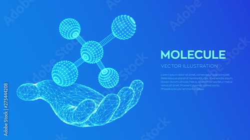 Molecule in hand. Dna, atom, neurons. Molecules and chemical formulas. 3D Scientific molecule background for medicine, science, technology, chemistry, biology. Vector illustration.