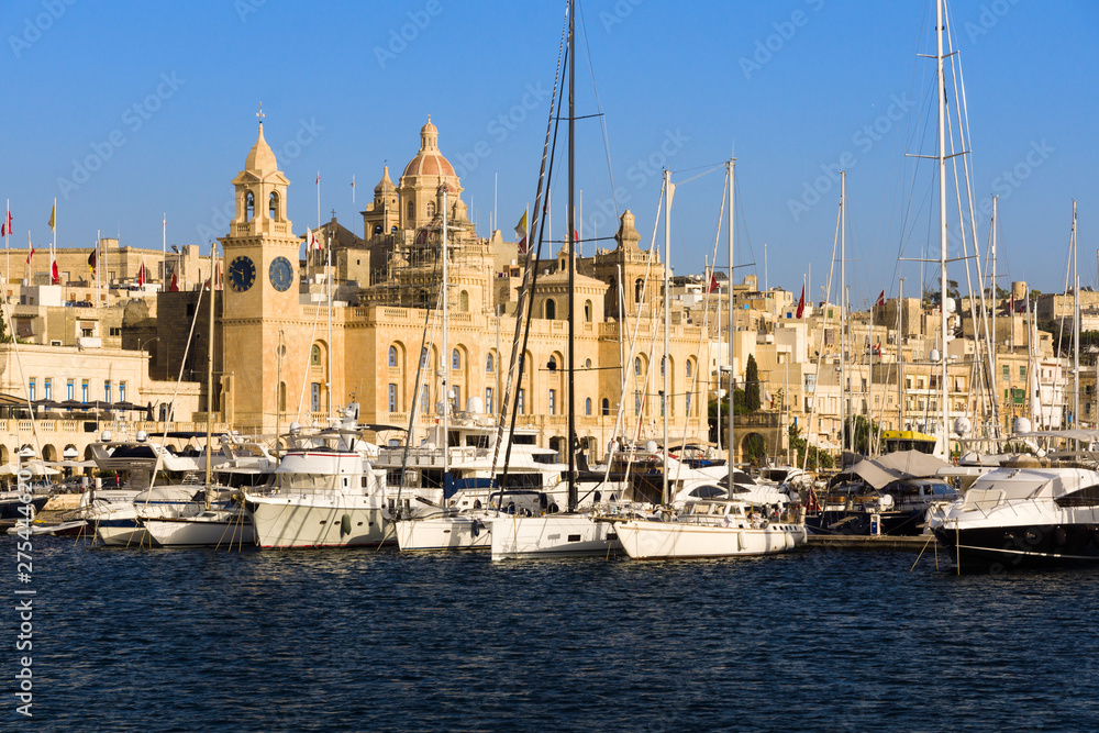 Birgu harbour and yacht marina on sunset, Malta 
