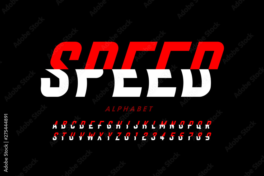 Speedy style font design, alphabet letters and numbers