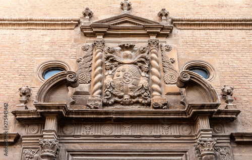 Spain, Autonomous community of Navarre, province of Sanguesa, walled city (Saint James way), carved stone coat of arms of the Palace of the marquises of Valle-Santoro (17th century) photo
