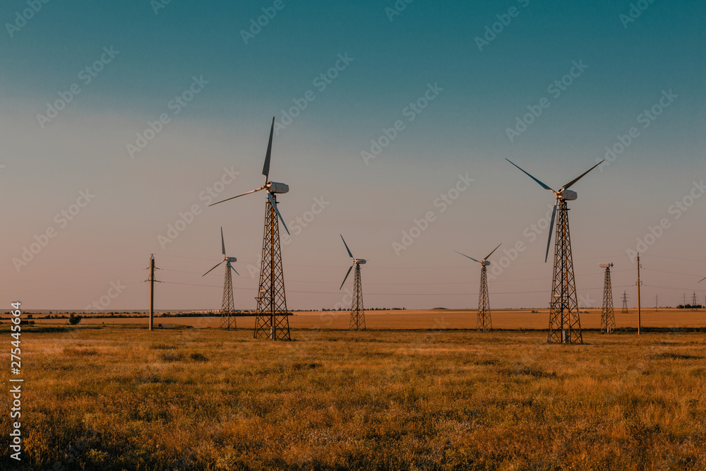 Wind power plant at sunset