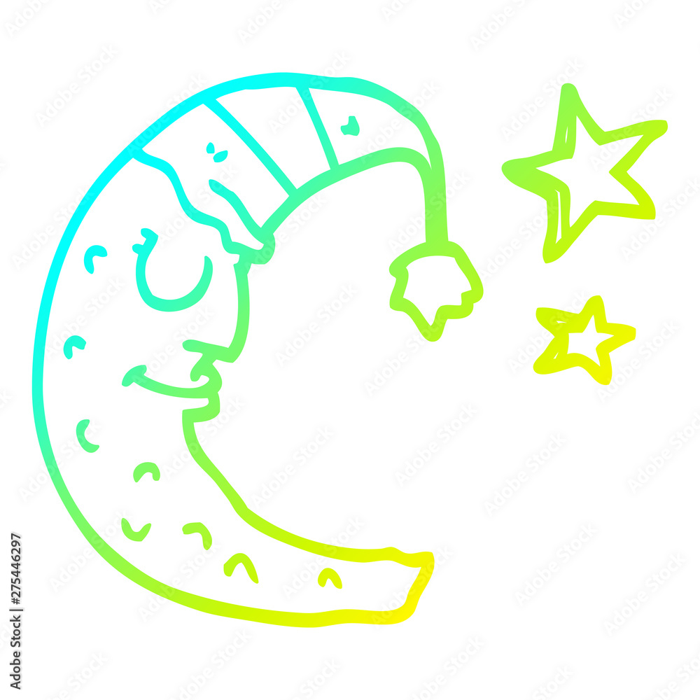 cold gradient line drawing cartoon moon with sleeping cap