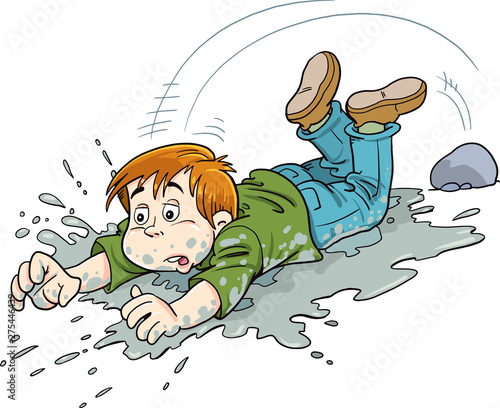 child falls in a puddle