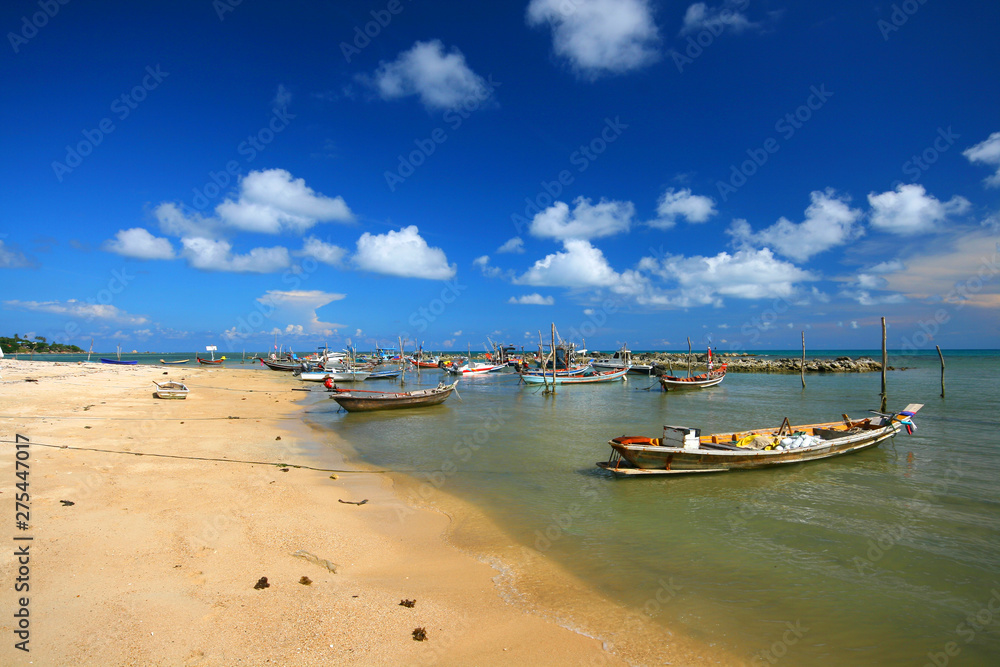View of the beautiful landscape. colorful boats in thailand.