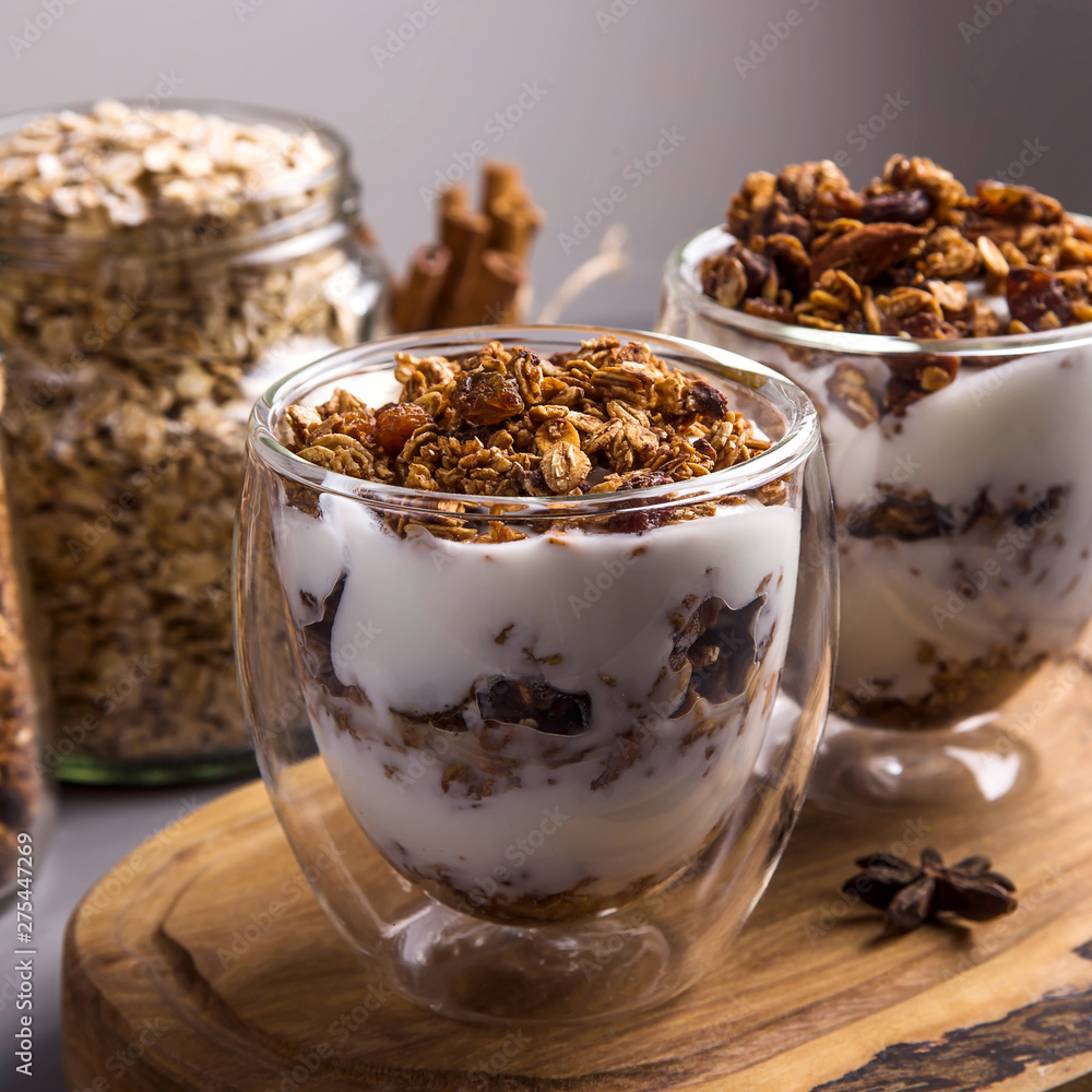 Homemade granola with nuts and dried fruit and chocolate for breakfast Homemade granola with nuts and dried fruit and chocolate for breakfast