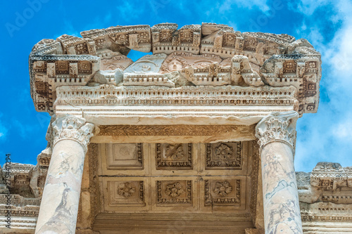 Turkey, Roman archeological site of Ephesus (4th century BC, important role in the spread of Christiannity), carved pediment of the Celsus library (110 AC by the concul Julius Aquila) (UNESCO Wordl Heritage) photo