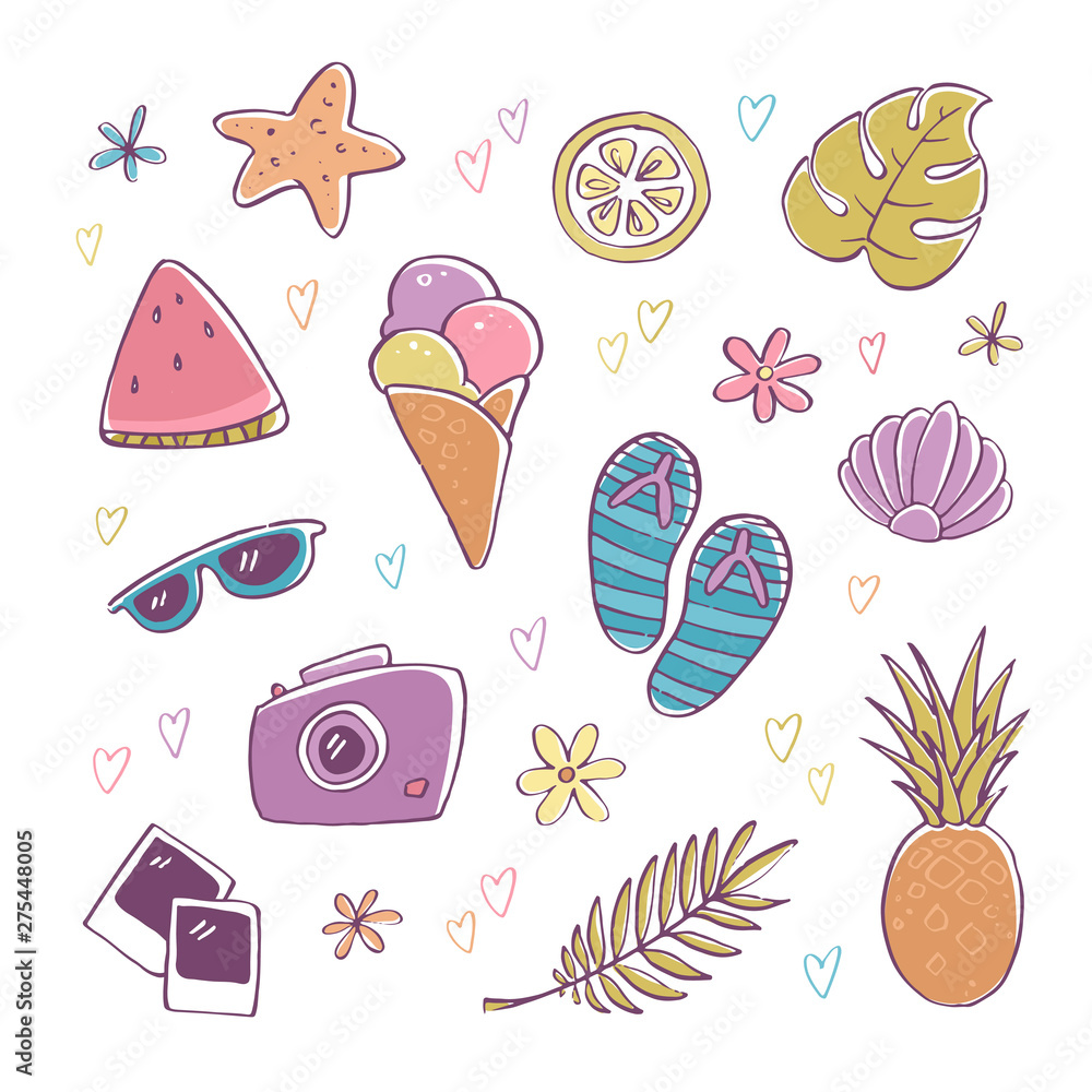 Vector hand-drawn summer icon set. Ice-cream, starfish, sunglasses, camera, photo, lemon, flower, pineapple, shell, watermelon, flip flops. Design flat elements for event, beach holiday and tourism Vector hand-drawn summer icon set. Ice-cream, starfish, sunglasses, camera, photo, lemon, flower, pineapple, shell, watermelon, flip flops. Design flat elements for event, beach holiday and tourism