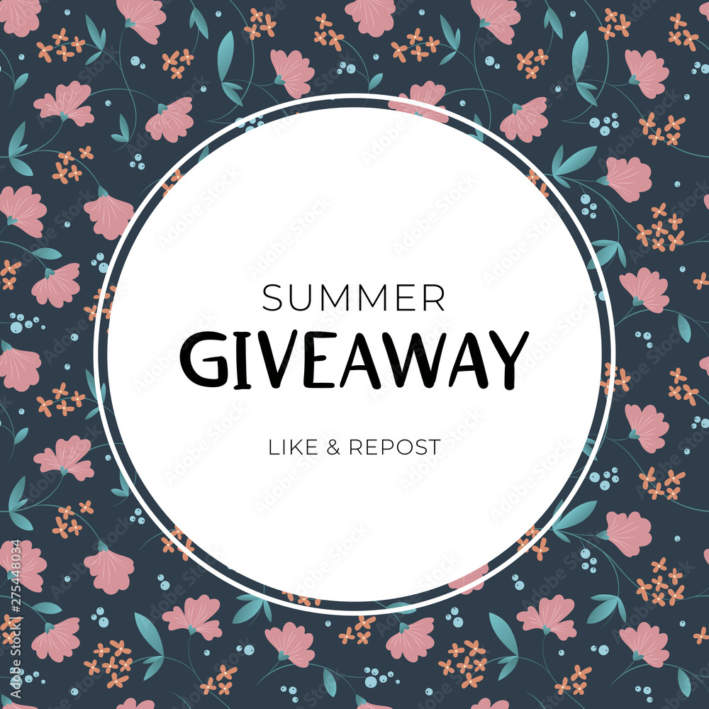 Giveaway summer floral vector frame template. Illustration with green leaves and pink flowers on dark background. Banner of giving present for like or repost advertising in social network.