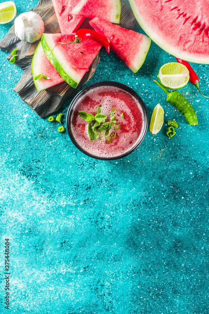 Summer cold watermelon gazpacho soup - obrazy, fototapety, plakaty 