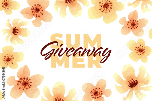 Vector flower summer giveaway illustration for promotion in social network with lettering font and watercolor blossom. Advertising of giving present fo like or repost. Decoration banner for business.