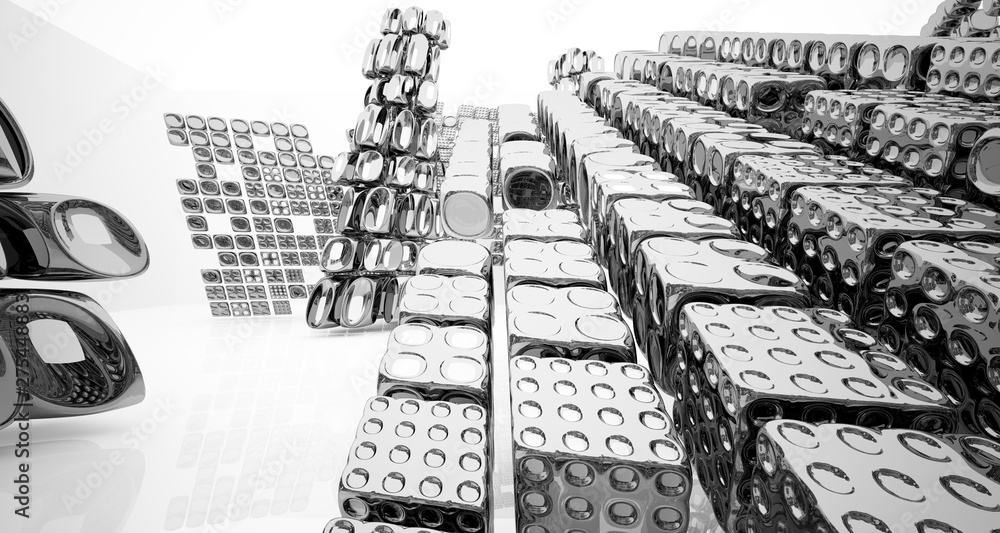 Naklejka premium Abstract dynamic interior with black and white smooth objects. 3D illustration and rendering