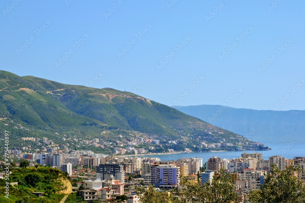 Albania, Vlore/ Vlora, cityscape seen from Kuzum Baba hill. Aerial city view, city panorama of Vlore and Albanian coast