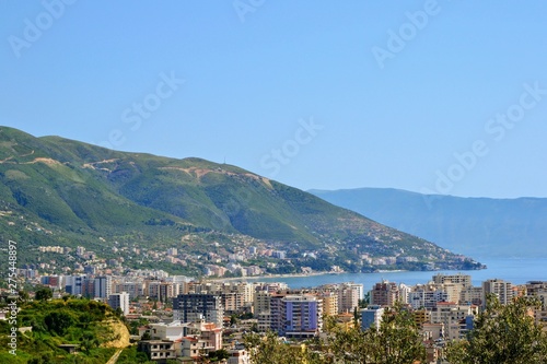 Albania, Vlore/ Vlora, cityscape seen from Kuzum Baba hill. Aerial city view, city panorama of Vlore and Albanian coast photo