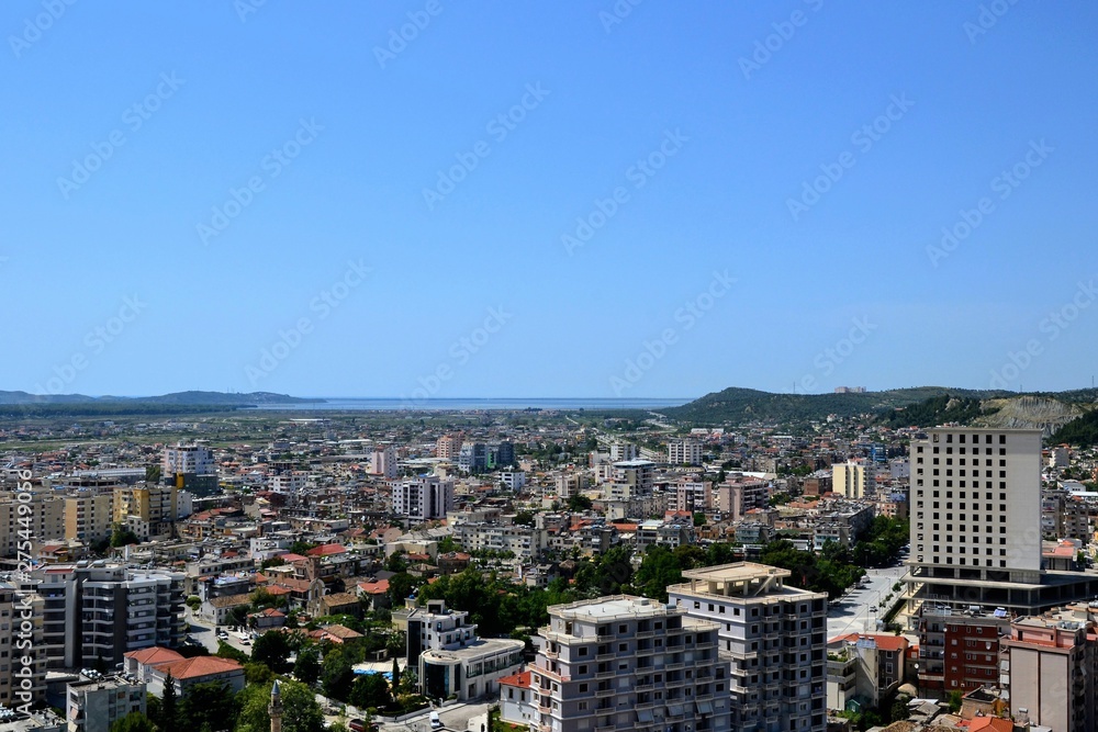 Albania, Vlore/ Vlora, cityscape seen from Kuzum Baba hill. Aerial city view, city panorama of Vlore