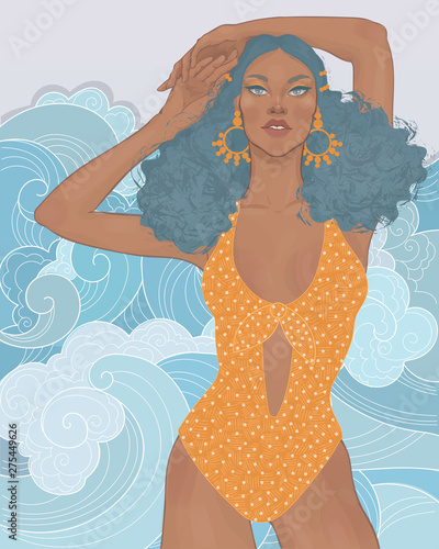 illustration of a beautiful fashion girl in a bright swimsuit and earrings on the background of the waves of the ocean sea
