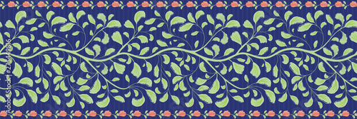 Intricate indian floral border with green leaves and coral flower edge. Seamless vector pattern on striped dark blue background. Great for wellbeing, cosmetic products, summer, packaging,stationery