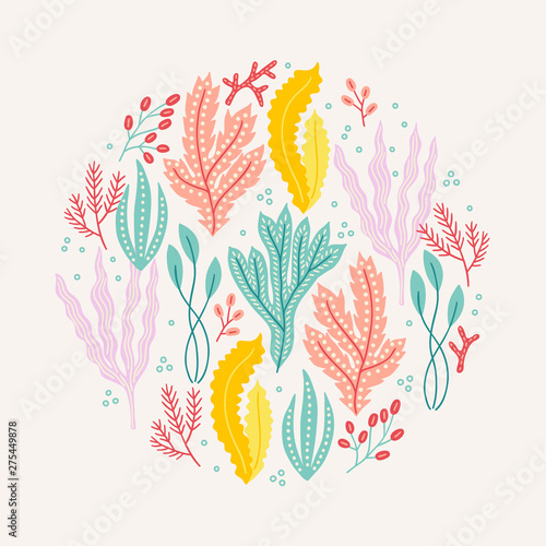 Ocean greeting card with seaweed, corals and bubbles