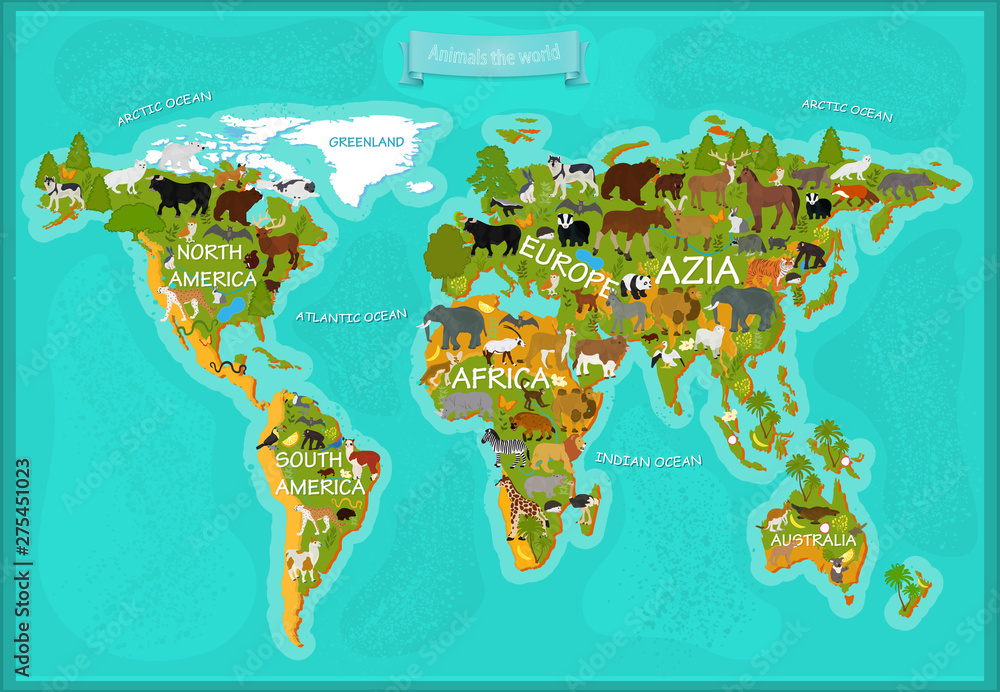 Map of the world's animals with the names of the continents vector de Stock Adobe Stock
