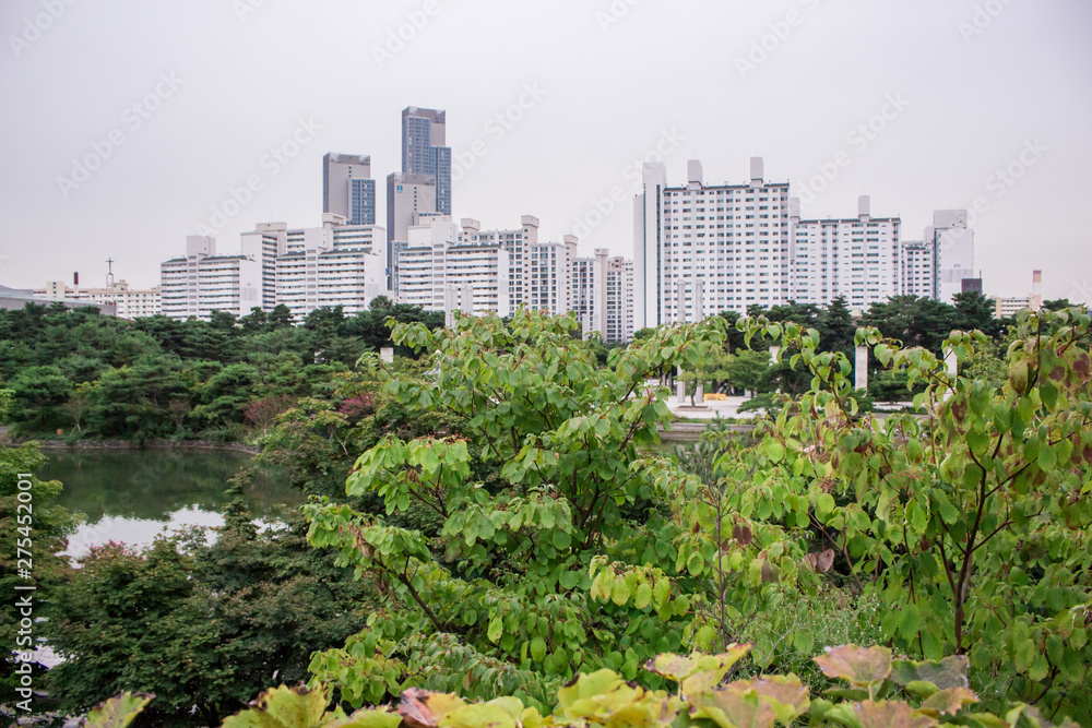 Fototapeta premium The view of the oriental garden and lake in Seoul, South Korea. There are apartment complex and buildings in the distance.