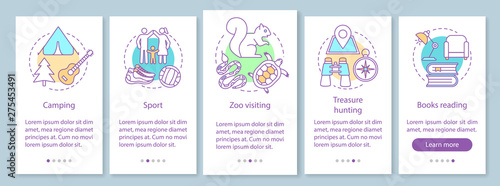 Family time together onboarding mobile app page screen with linear concepts. Sport and camping. Zoo visiting. Five walkthrough steps graphic instructions. UX, UI, GUI vector template, illustrations
