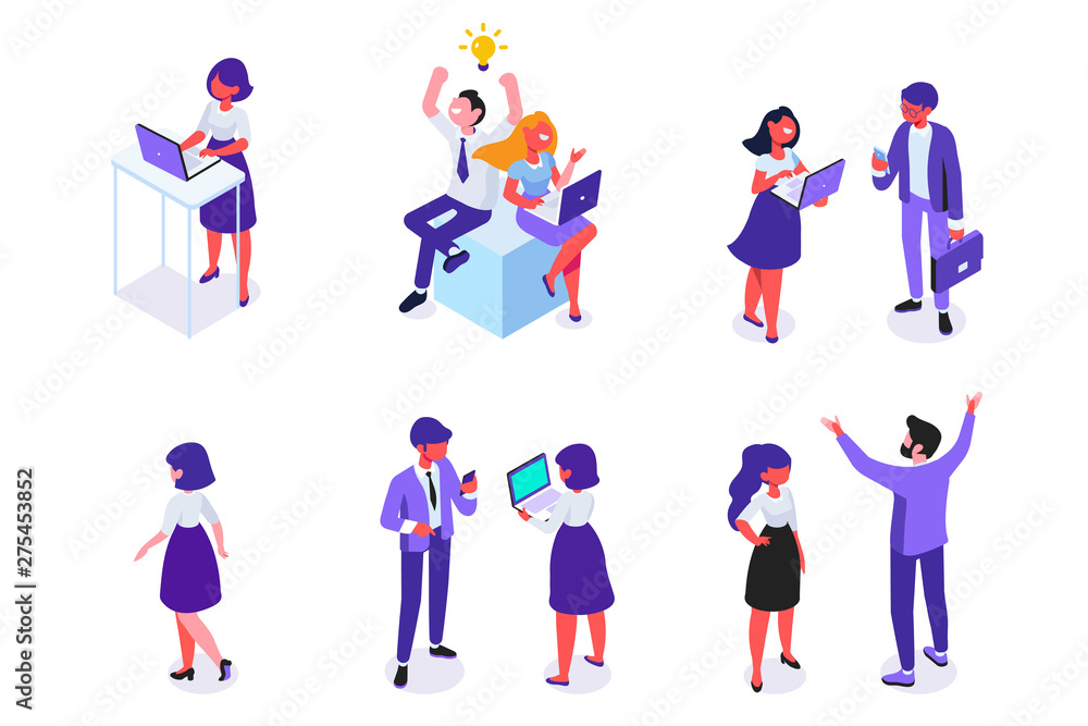 Isomeric business people vector set. Office life, team. Flat vector characters isolated on white background.	