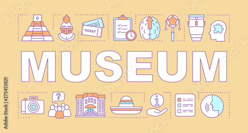 Museum word concepts banner. Family activities with kids. Educational, entertaining museum trips. Presentation, website. Isolated lettering typography idea, linear icons. Vector outline illustration