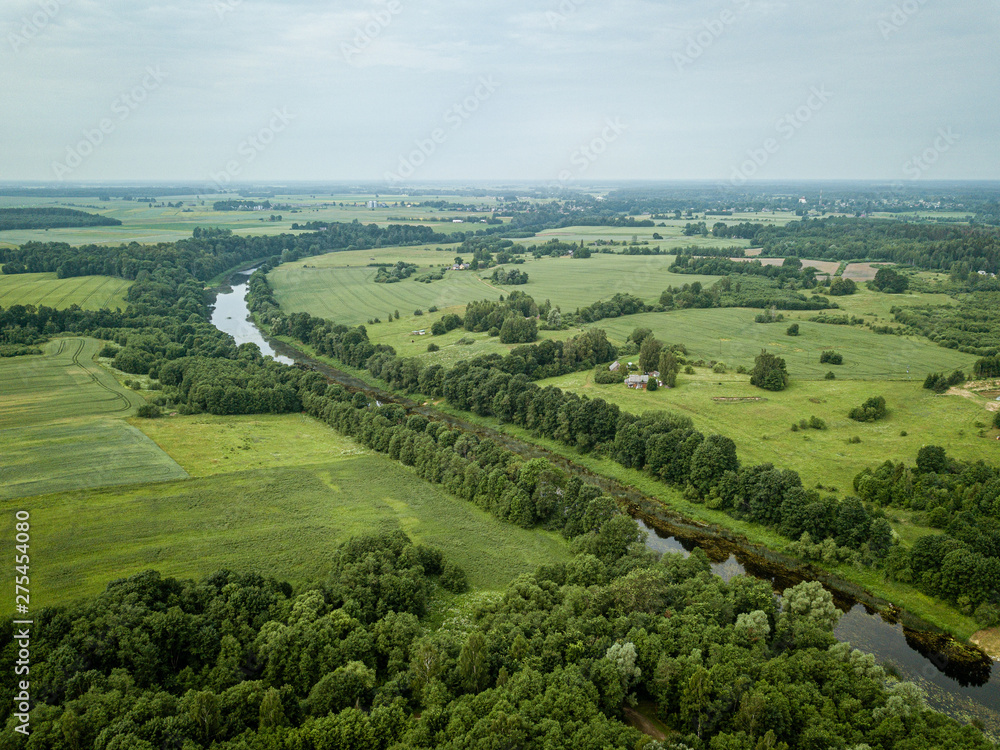 country river in green forest. drone aerial image