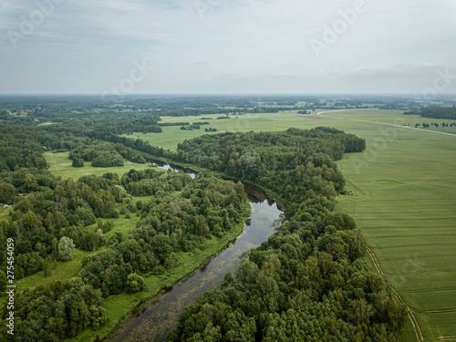 Fototapeta Naklejka Na Ścianę i Meble -  country river in green forest. drone aerial image