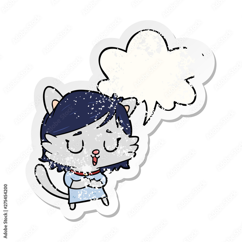 cartoon cat girl and speech bubble distressed sticker cartoon cat girl and speech bubble distressed sticker