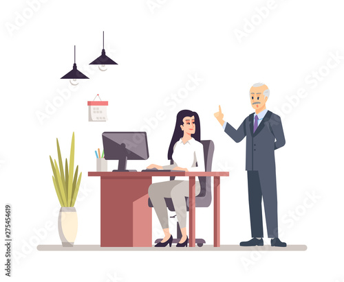Senior boss with personal assistant flat vector illustration