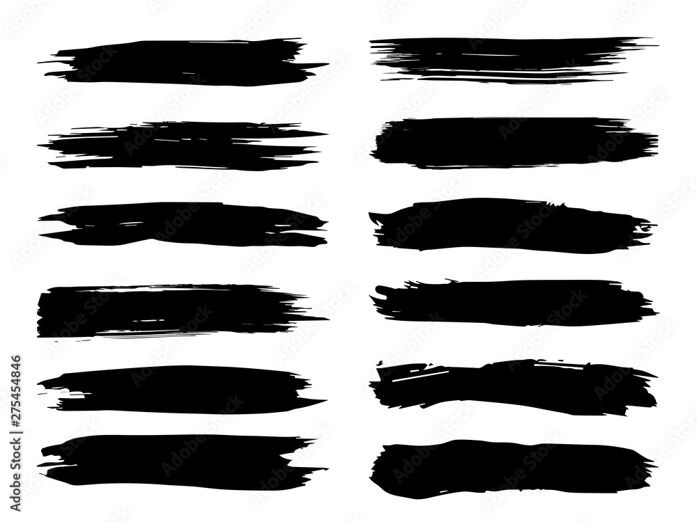Collection of artistic grungy black paint hand made creative brush stroke set isolated on white background. A group of abstract grunge sketches for design education or graphic art decoration Collection of artistic grungy black paint hand made creative brush stroke set isolated on white background. A group of abstract grunge sketches for design education or graphic art decoration