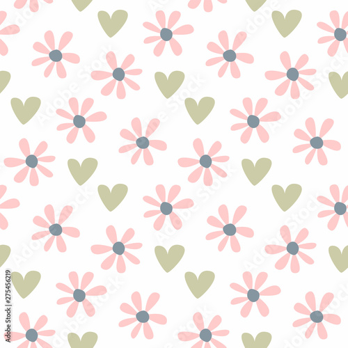Cute seamless pattern with repeating flowers and hearts. Pastel floral print.