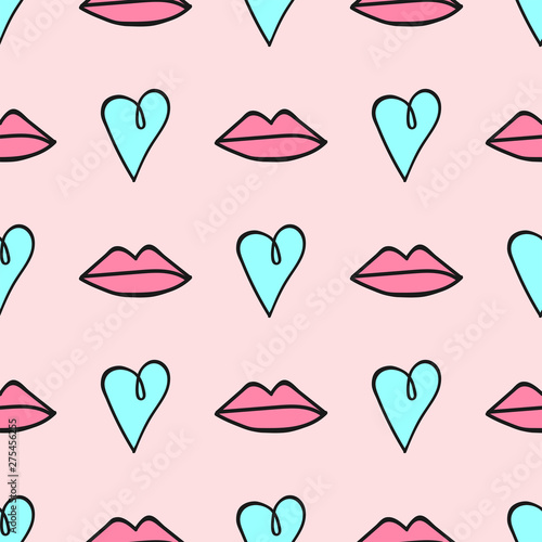 Cute seamless pattern with lips and hearts. Sketch, doodle, drawn by hand. Pink, turquoise, black.
