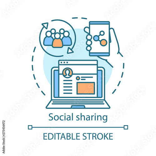 Referral social sharing concept icon. Marketing search idea thin line illustration. Smm, social networking, contact sharing. Customer feedback online. Vector isolated outline drawing. Editable stroke