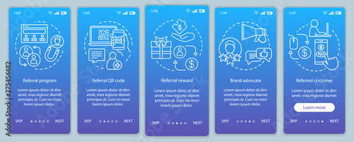 Referral marketing tools onboarding mobile app page screen with linear concepts. Five Steps graphic instructions. Customer attraction, retention. UX, UI, GUI vector template with illustrations
