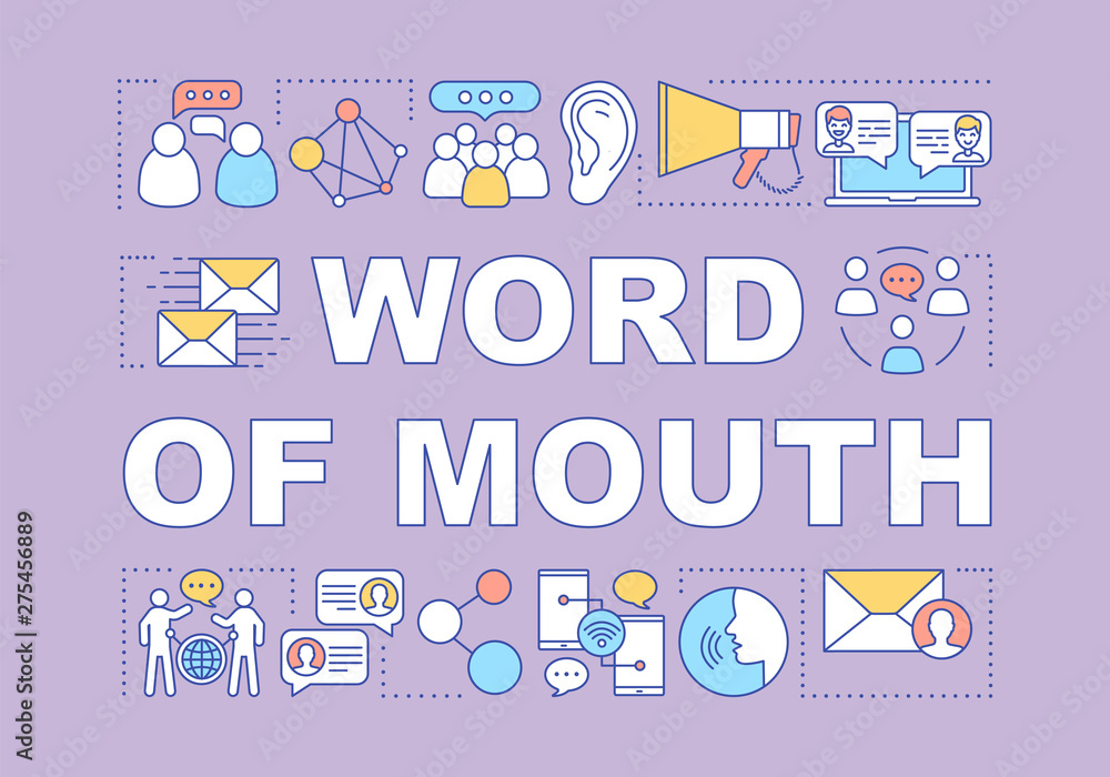 Word of mouth word concepts banner. Influencer, viral marketing tools. Customer attraction strategy. Presentation, website. Isolated lettering typography idea. Vector outline illustration Word of mouth word concepts banner. Influencer, viral marketing tools. Customer attraction strategy. Presentation, website. Isolated lettering typography idea. Vector outline illustration