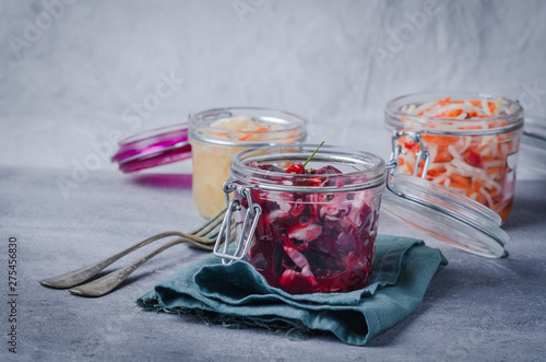 Traditional fermented foods -  sauerkraut, kimchi with carrot, beet, brassica rapa  for  health  and disease prevention.  photo