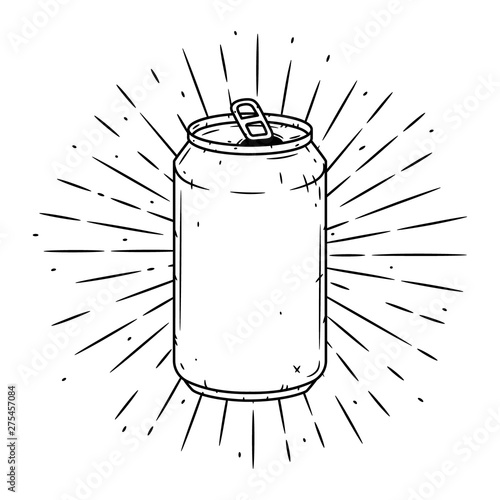 Aluminum can. Hand drawn vector illustration with Aluminum can and divergent rays. Used for poster, banner, web, t-shirt print, bag print, badges, flyer, logo design and more.