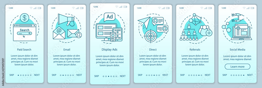 Marketing channels gradient onboarding mobile app page screen vector ...