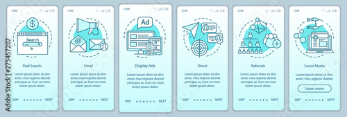 Marketing channels gradient onboarding mobile app page screen vector template. Ways of customer attraction walkthrough website steps with linear illustrations. UX, UI, GUI smartphone interface concept