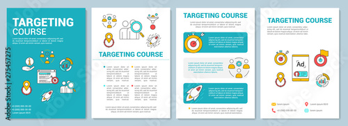 Targeting course turquoise background brochure template layout. Flyer, booklet, leaflet print design with linear illustrations. Vector page layouts for magazines, annual reports, advertising posters