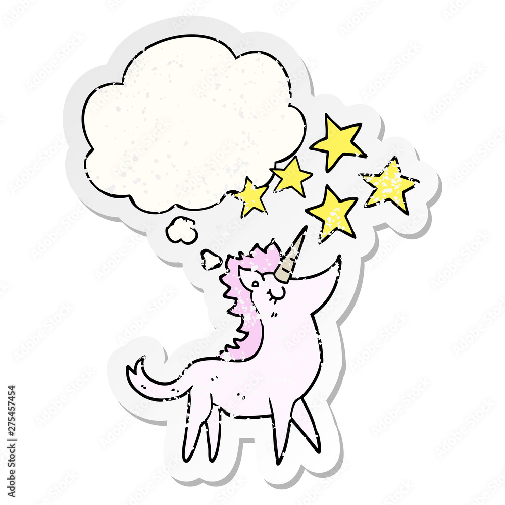 cartoon unicorn and thought bubble as a distressed worn sticker cartoon unicorn and thought bubble as a distressed worn sticker